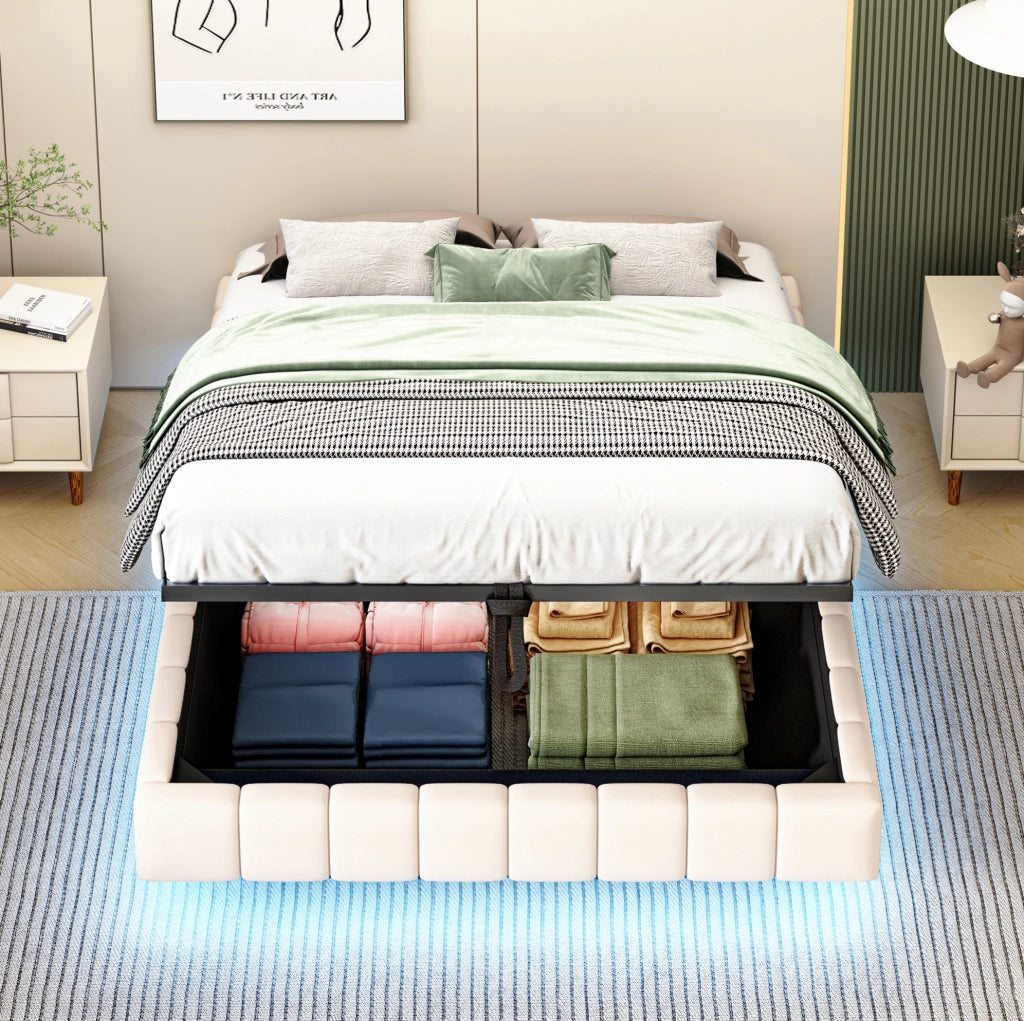Letto imbottito 140x200 cm con contenitore e LED; beige
