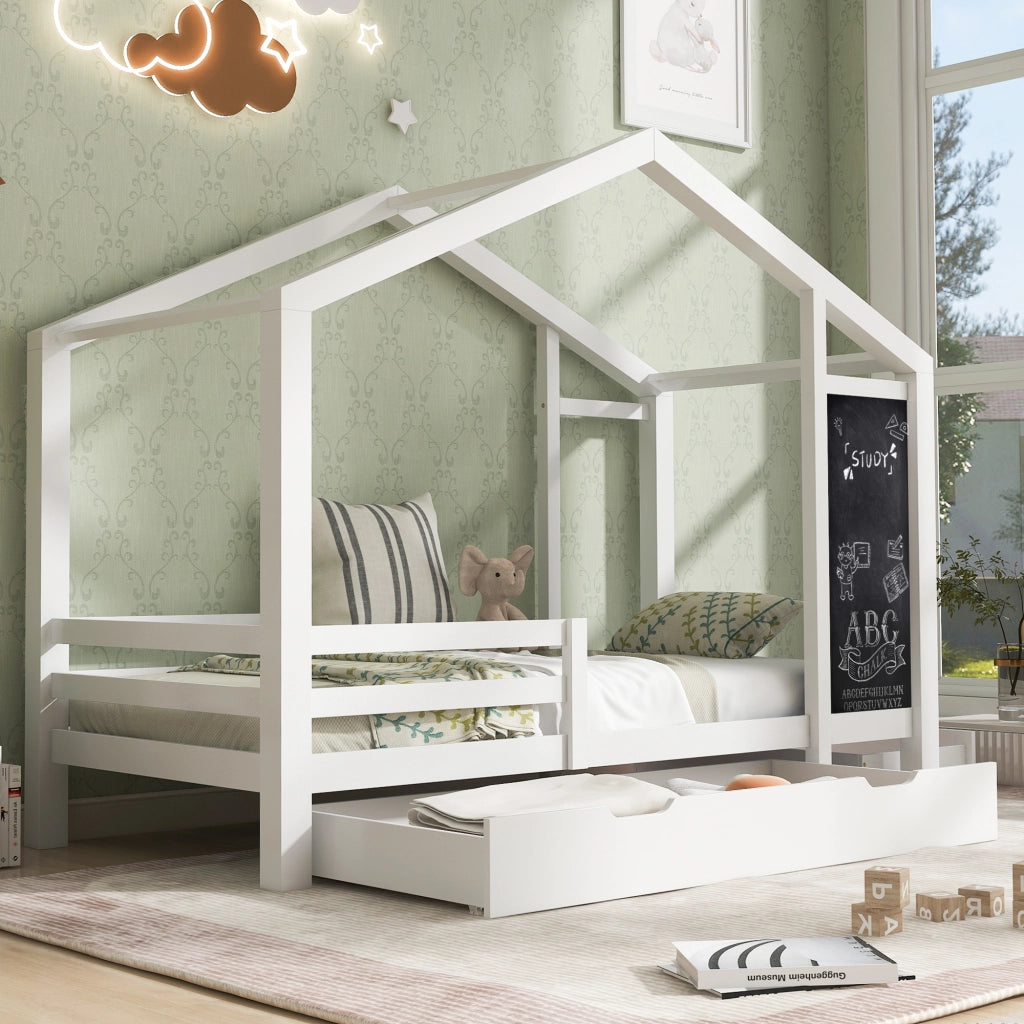 Letto per bambini a casetta 90 × 200 cm con rete a doghe due cassetti lavagna in legno bianco