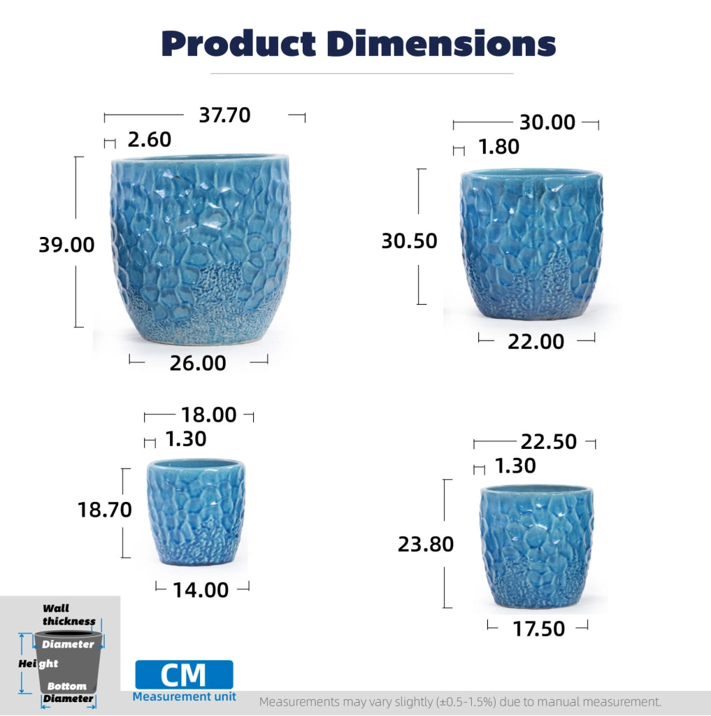 Vaso in ceramica media Ø30 cm blu lucido con rilievo a martellatura e foro di drenaggio, resistente al gelo, per piante da cucina e ornamentali