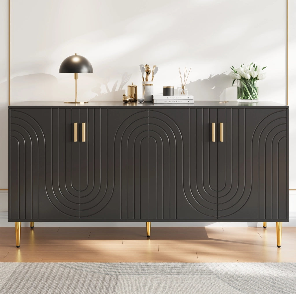 Credenza moderna 152x40x75 cm in MDF nero con frontali ondulati e maniglie dorate