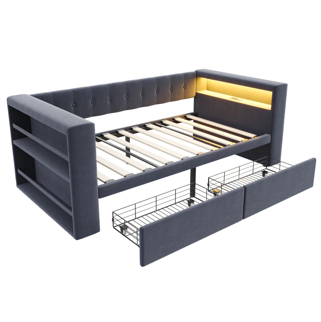 Letto imbottito 90x190 cm grigio scuro in flanella con LED e 2 cassetti