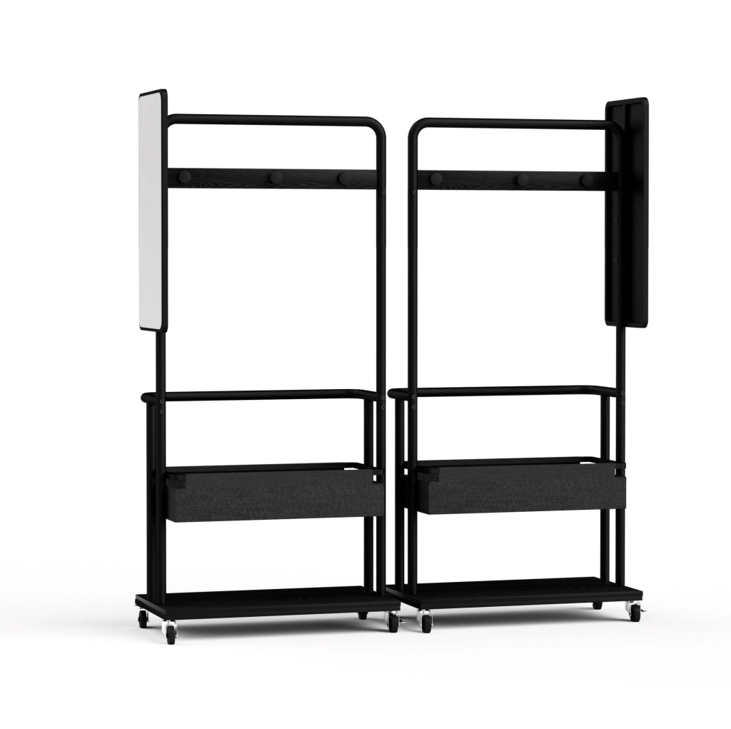 Appendiabiti mobile in metallo con specchio 70x40x170 cm, design 3-in-1 con cesto e ruote, colore nero