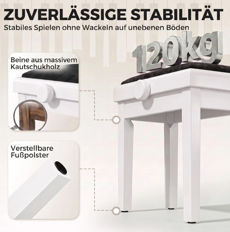 PANCA per Pianoforte Regolabile 61,5x33x45-56 cm Bianca e Nera
