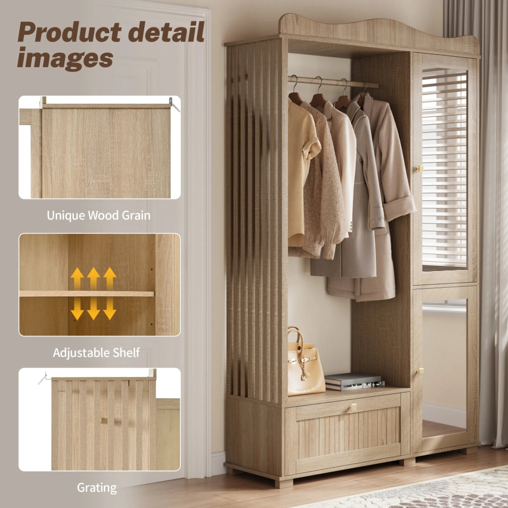 Guardaroba con specchio integrato e appendiabiti aperto in MDF color quercia, 115,5x38,5x194,5 cm