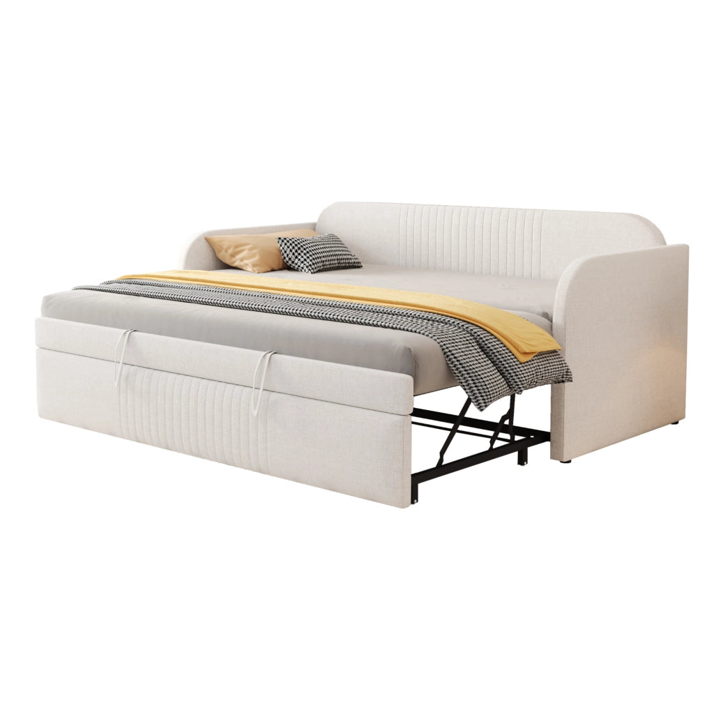 Divano letto imbottito estensibile con rete a doghe, beige