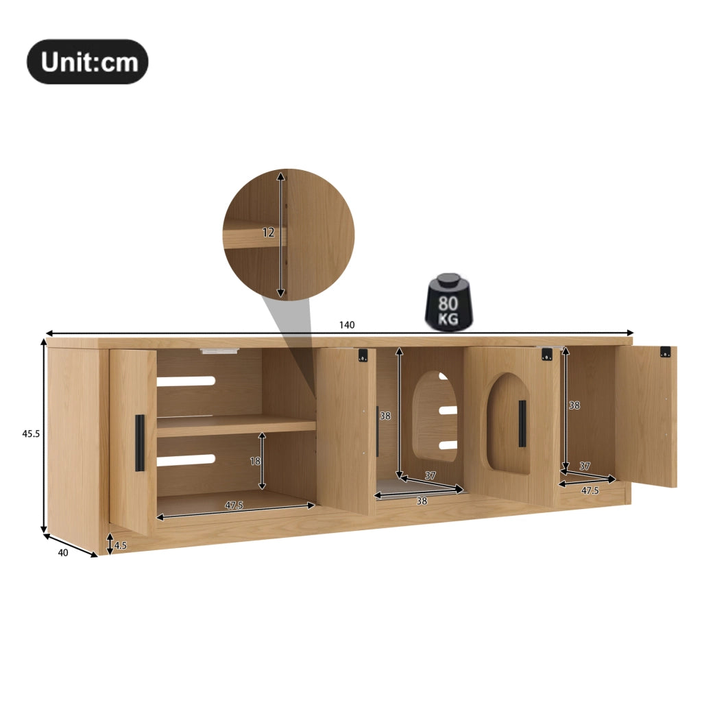 Mobile per lettiera per gatti 140x40x45;5 cm con ripiani regolabili e tappetino tiragraffi; rovere