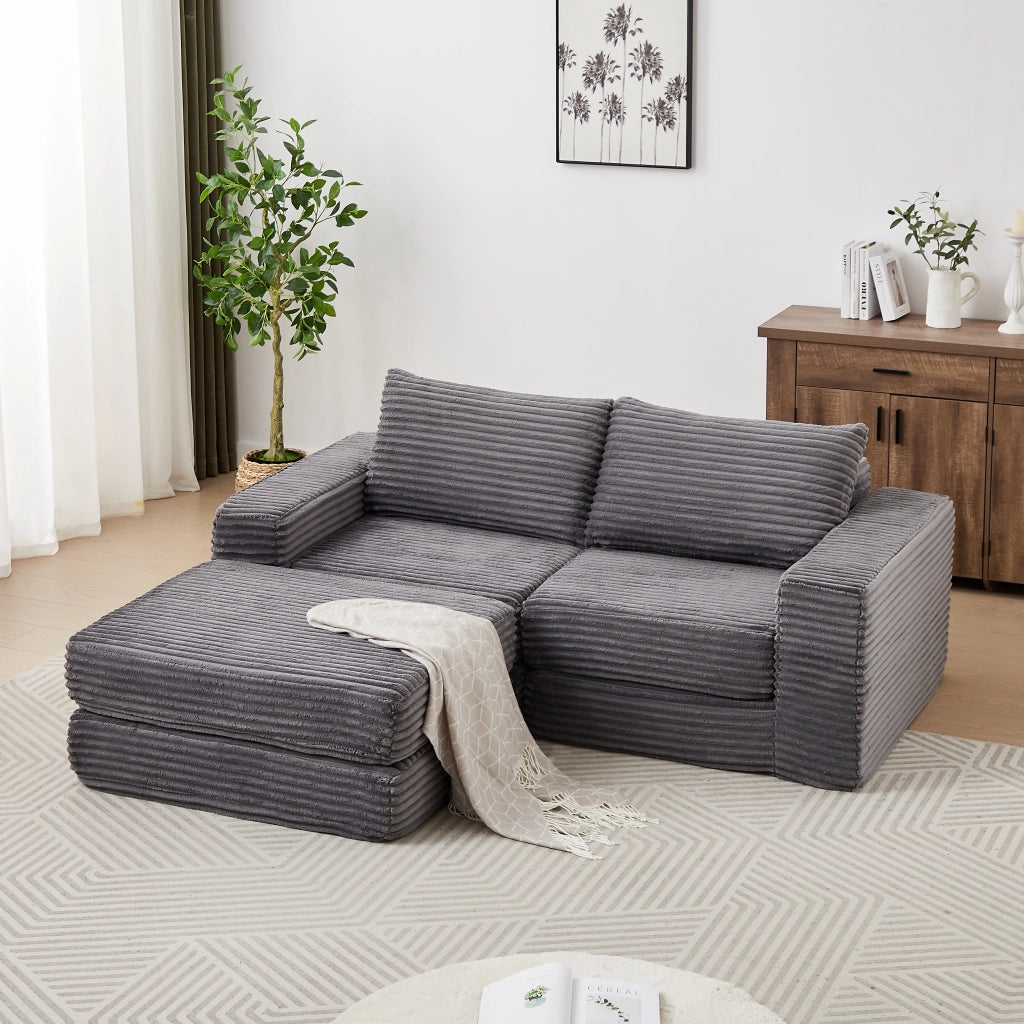 Divano letto modulare 2 in 1 con poggiapiedi rimovibile in velluto a coste grigio