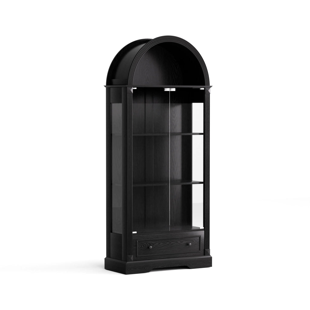 Vetrina LED con ante in vetro, nicchie aperte e sensore di movimento per soggiorno e cucina, nera, 80 × 35 × 180 cm