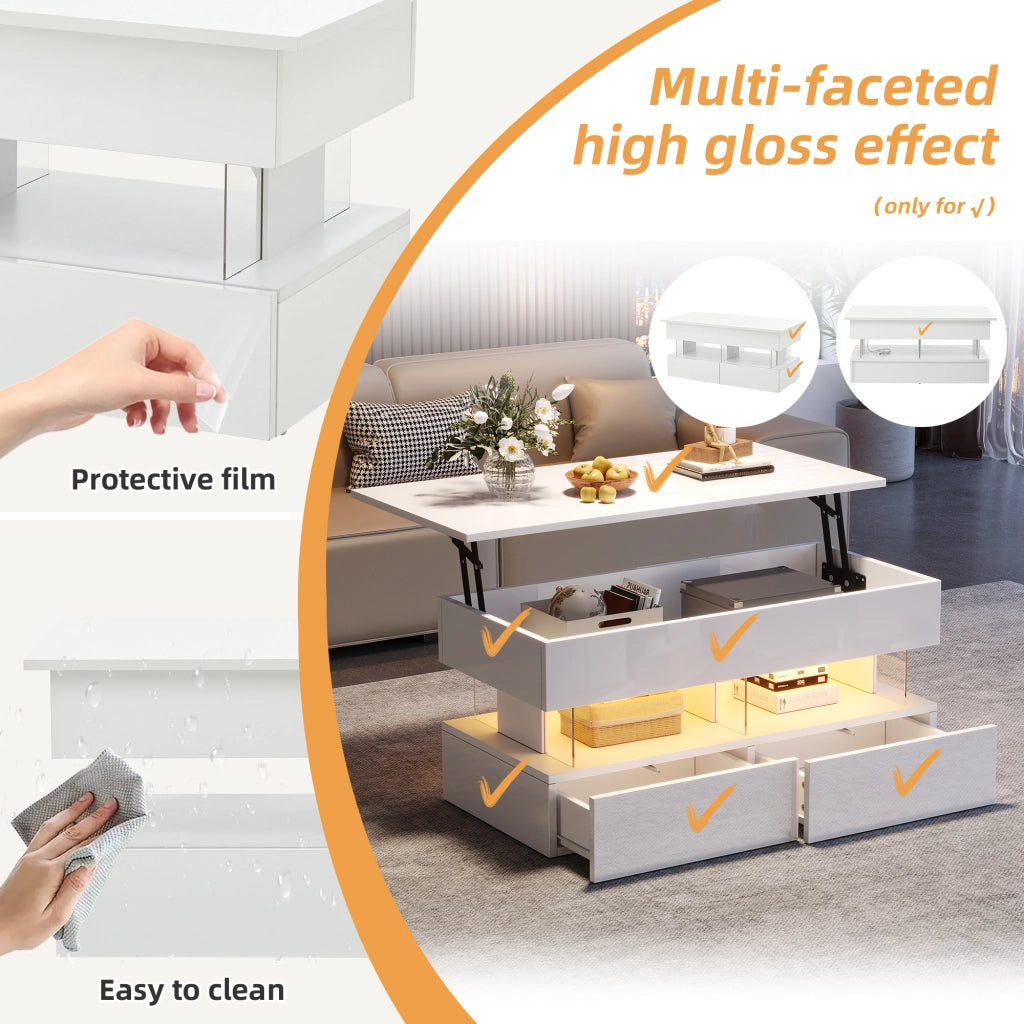 Tavolino basso alzabile con piano idraulico LED Bluetooth; 2 cassetti e vano nascosto bianco 100 × 50 × 46 cm