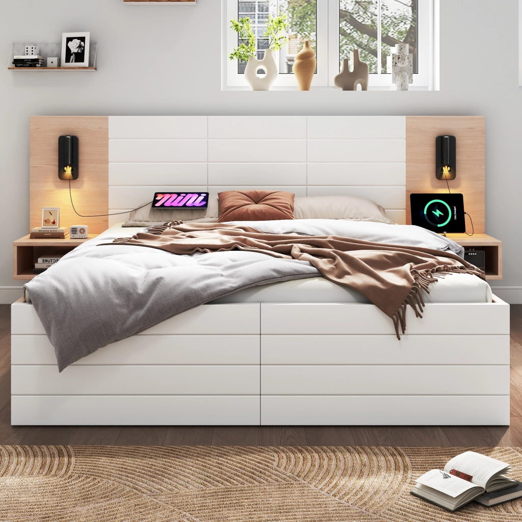 Letto matrimoniale 140x200 cm con materasso; cassetti; luce da lettura USB; bianco e rovere chiaro