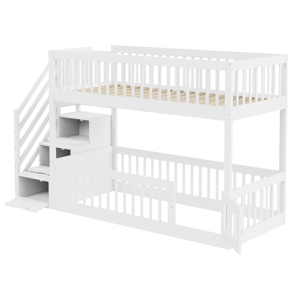 Letto a castello 90×200 cm, letto 2 posti con scala a cassetti, porta inferiore, senza materasso, bianco