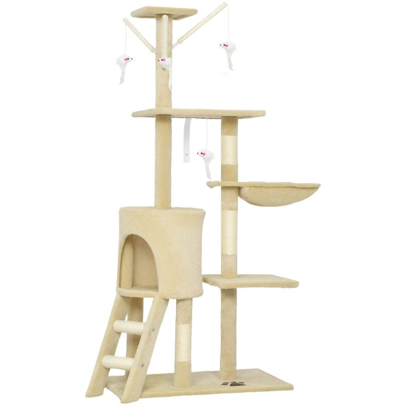 Tiragraffi beige con cuccia, piattaforme e giochi per gatti