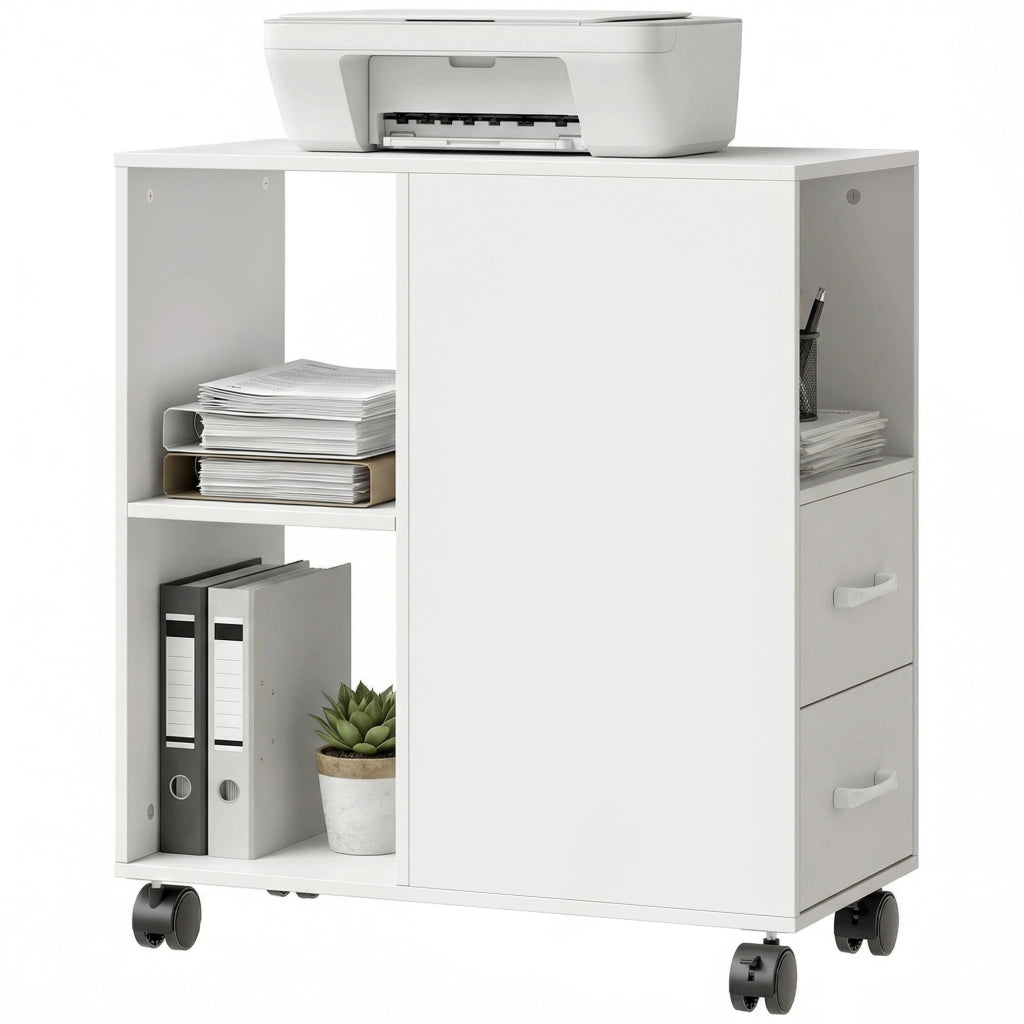 Mobile per Stampante in Legno Bianco 60x30x65 cm, Carrello con 2 Cassetti, Ripiano Regolabile e Ruote, Pratico e Salvaspazio per Casa e Ufficio