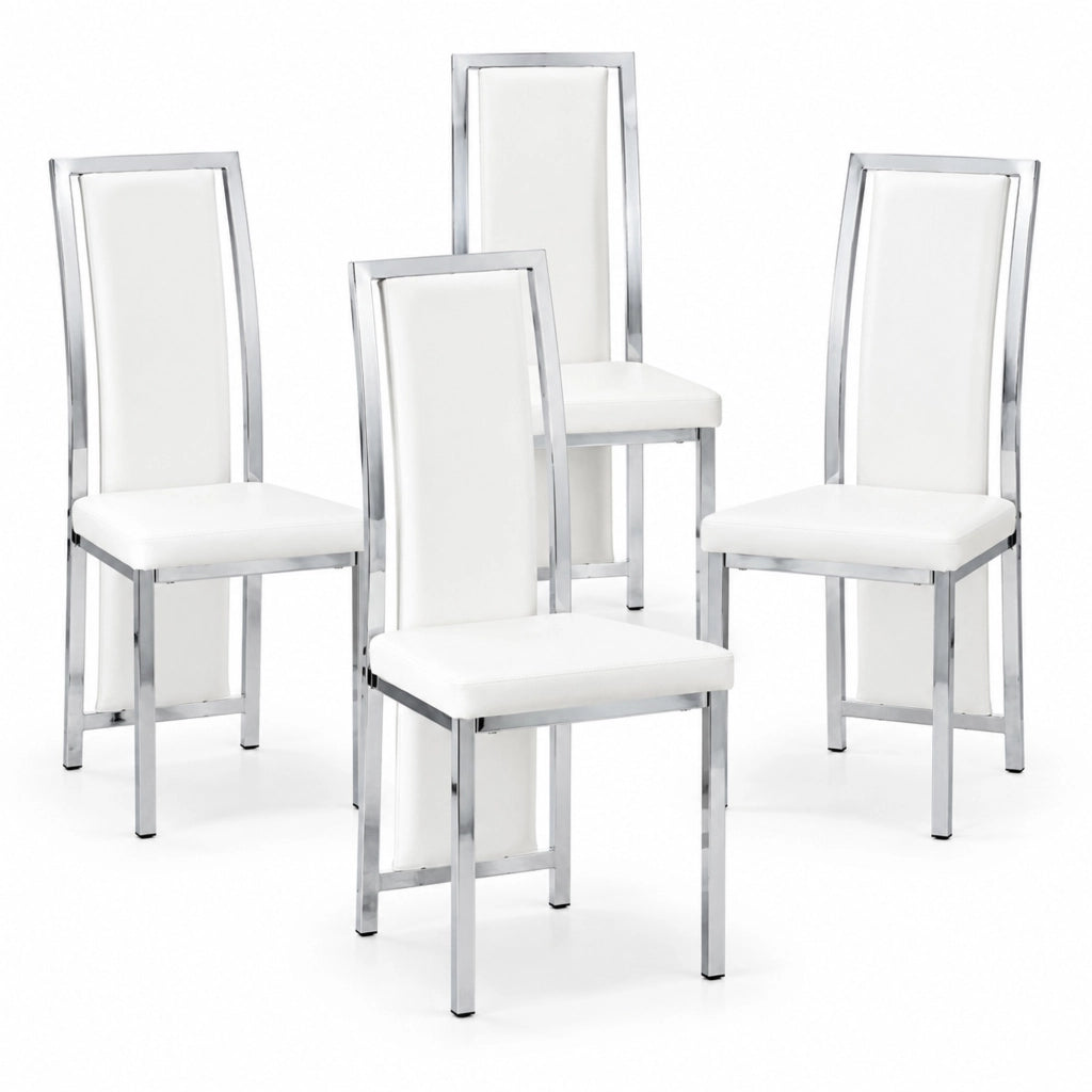 Set di 4 sedie da pranzo con schienale alto 109 cm in metallo e pelle PU; bianco argento