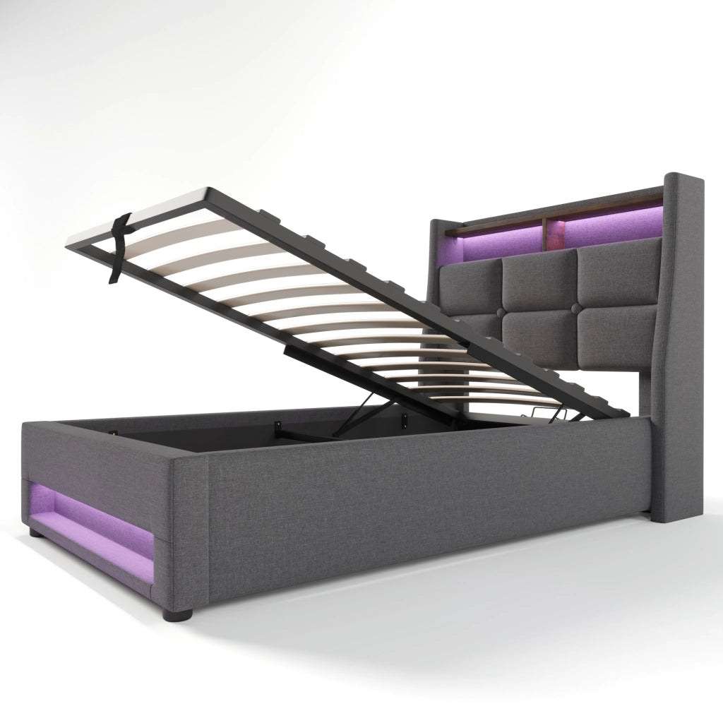 Letto contenitore singolo 90×200 cm con USB; LED e rete sollevabile; materasso incluso; lino; grigio