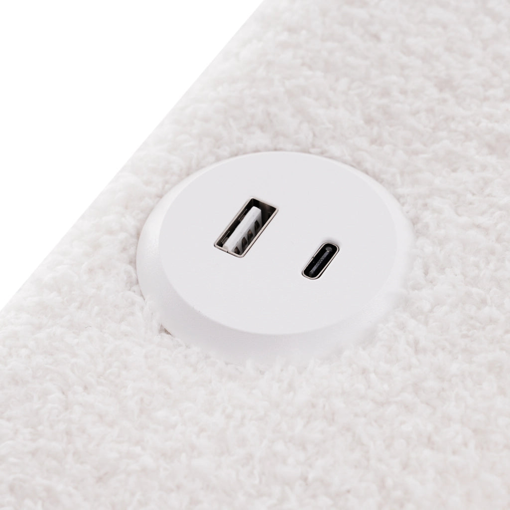 Letto singolo imbottito 90x200 cm con ricarica USB Type-C, LED e 2 cassetti, testiera regolabile, rete a doghe in legno - Bianco (Con materasso)