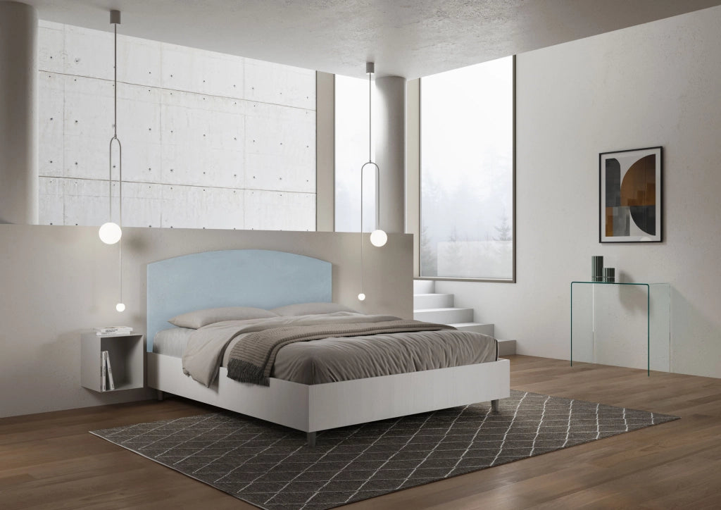 BS COM Letto matrimoniale contenitore 160x200 bianco frassino testata microfibra azzurro