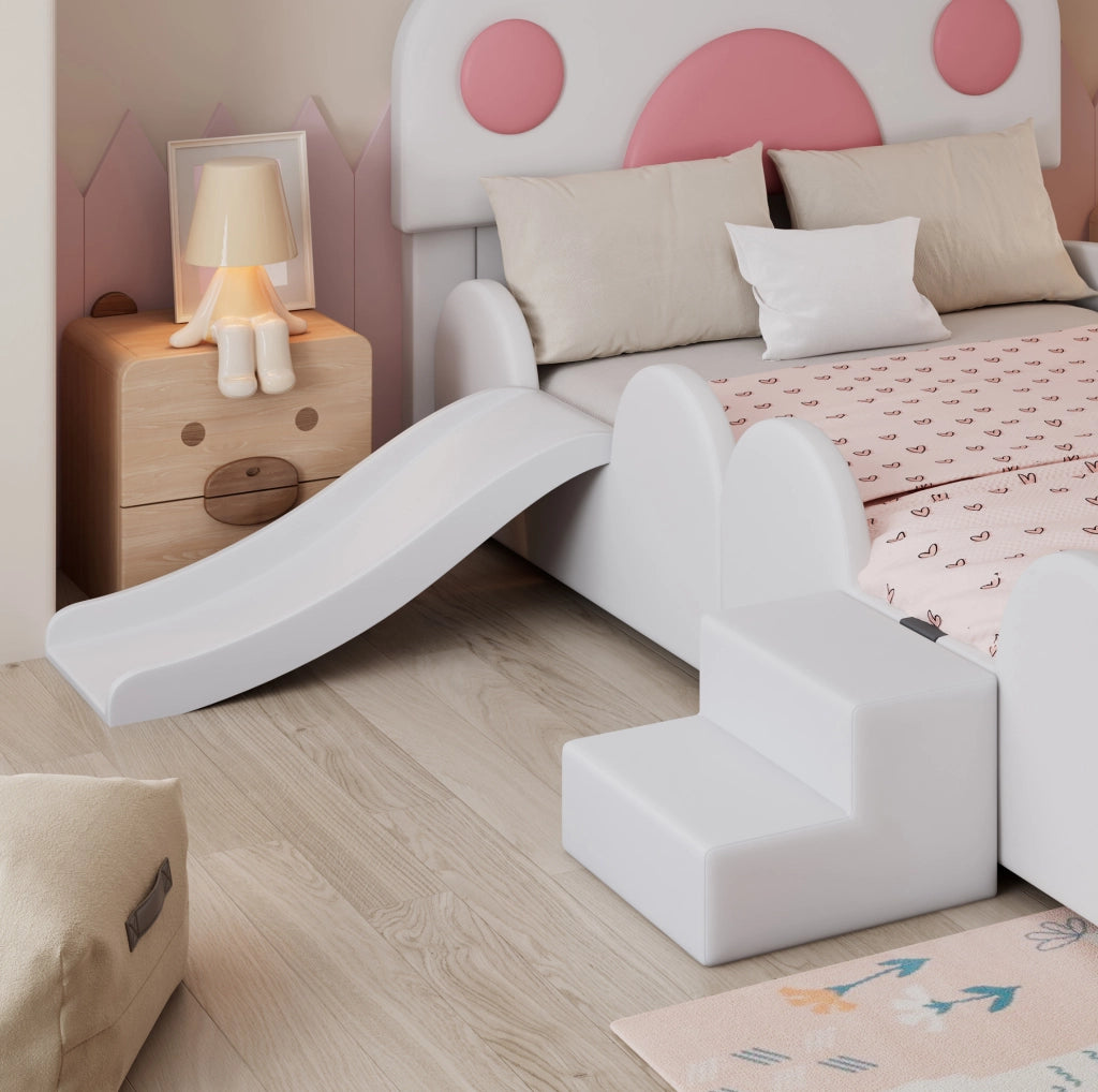 Letto singolo imbottito per bambini con scivolo e scaletta, testiera a forma di zampa di gatto, PU bianco e rosa, 90x200 cm