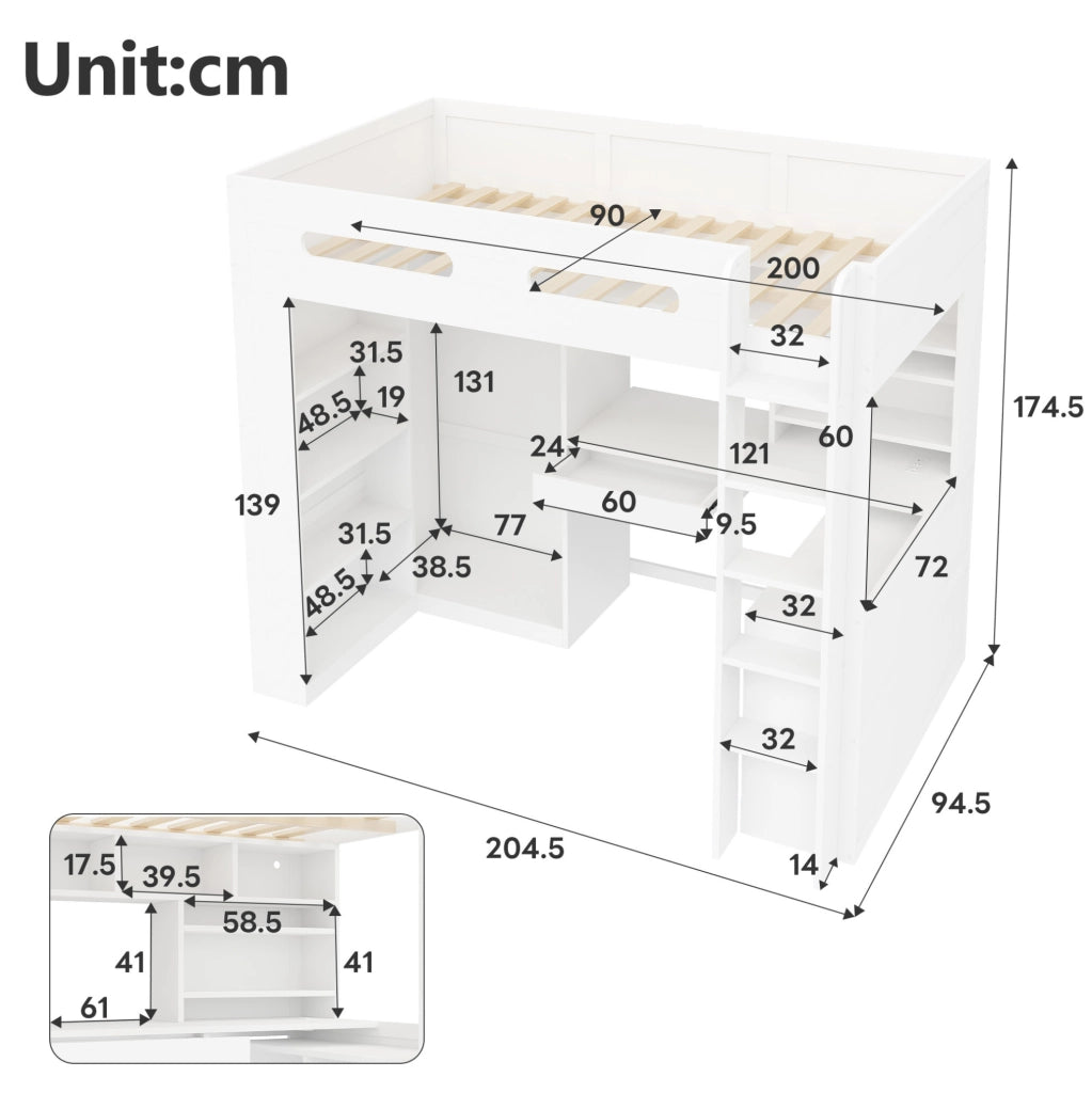 Letto a soppalco 90x200 cm in legno e MDF bianco con scrivania LED