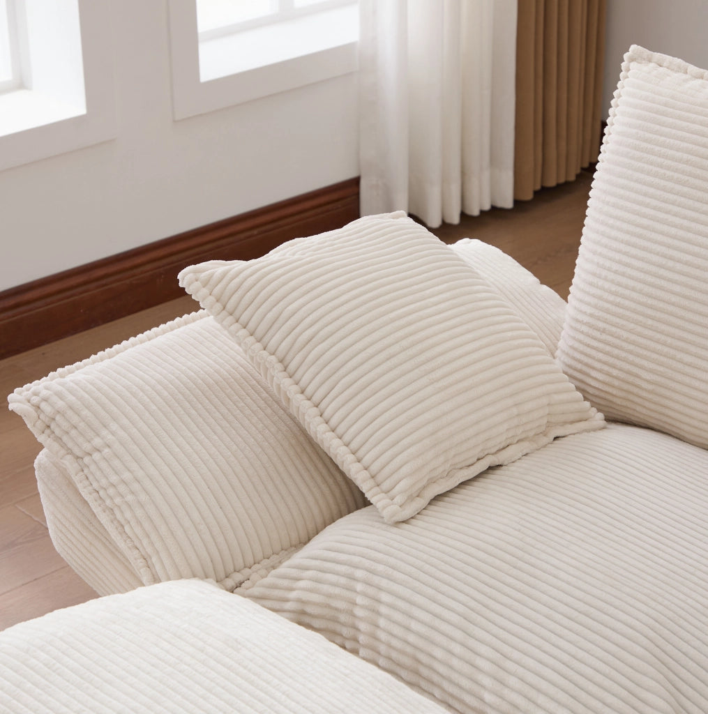 Divano 2 posti in velluto a coste beige con pouf e USB-C