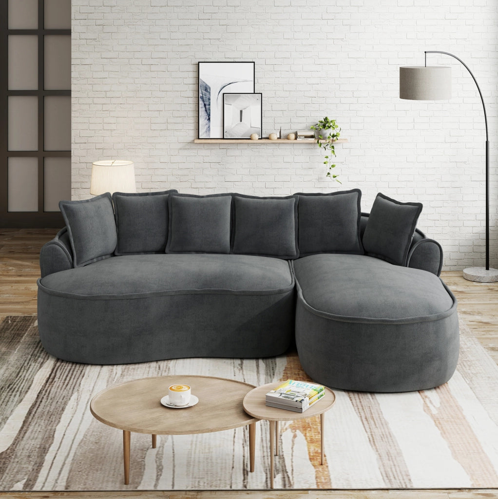 Divano modulare senza telaio ad angolo a L in tessuto chenille grigio con chaise longue extra profonda e cuscini