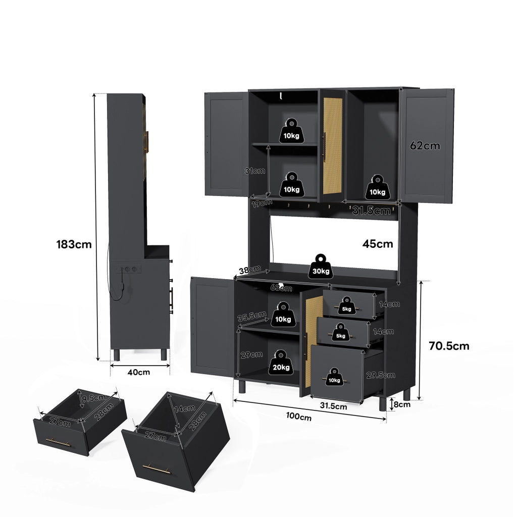 MADIA 183 cm con LED, 3 cassetti, MDF, nera