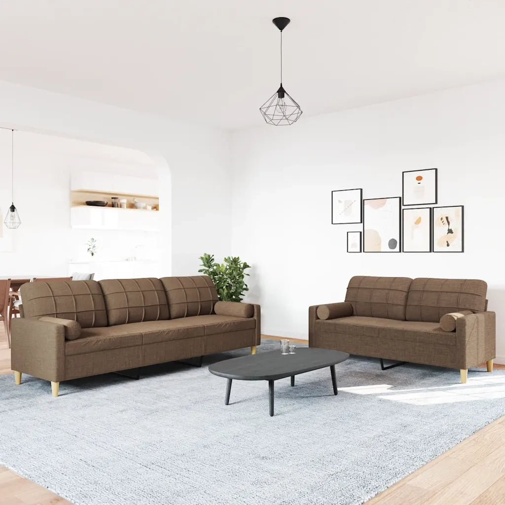 Set di Divani 2 pz con Cuscini Marrone in Tessuto
