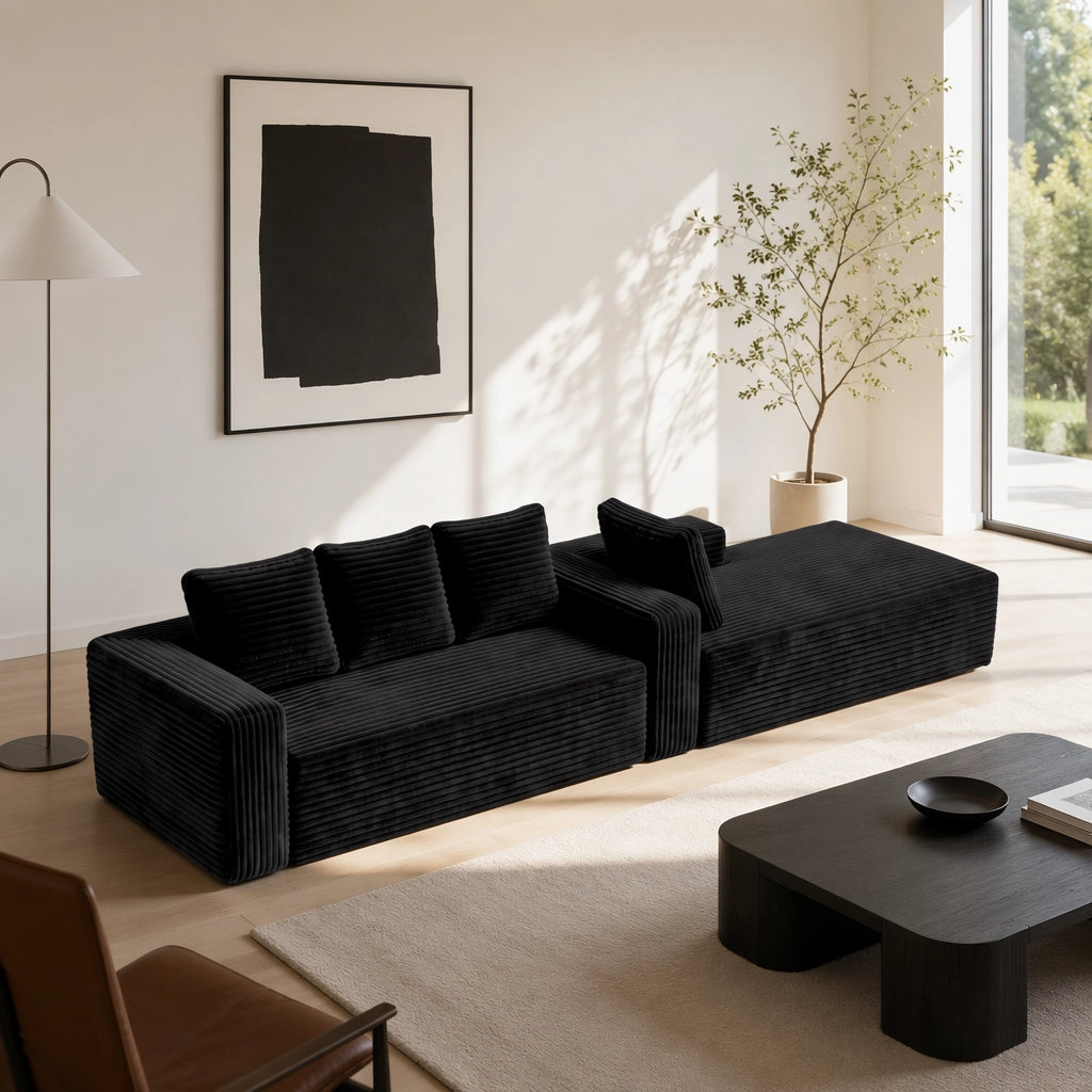 Divano modulare a L con chaise longue reversibile in velluto a coste nero