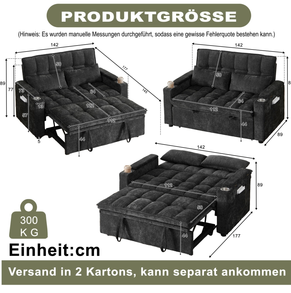 Divano letto 3 in 1 142x89x89 cm in ciniglia nera con contenitore
