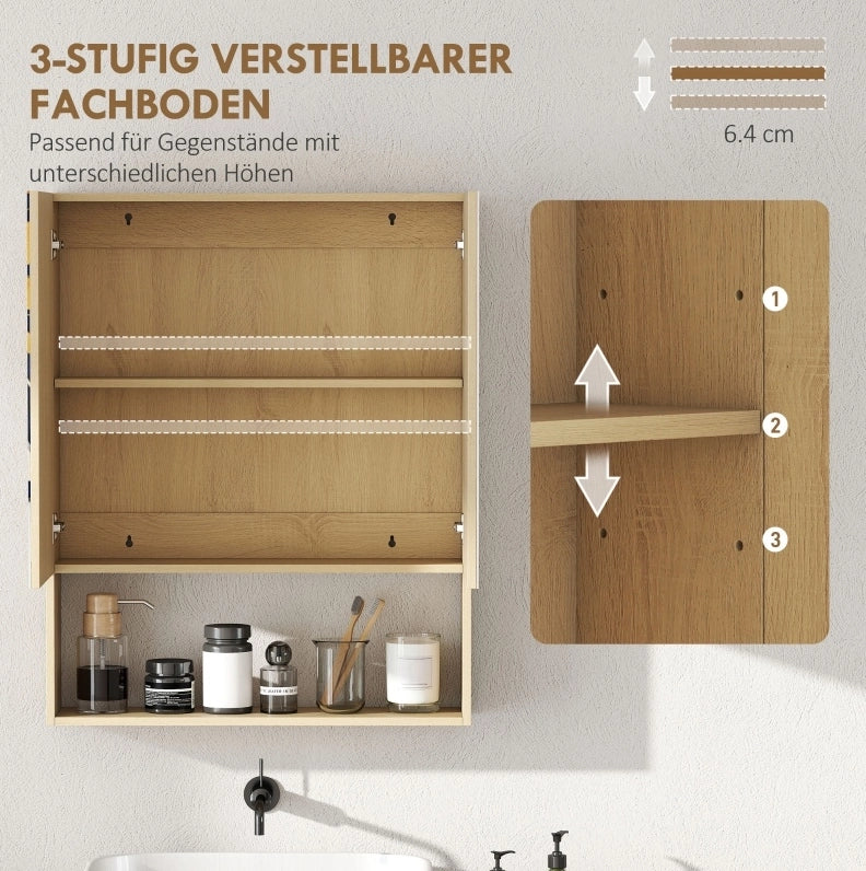 Armadio bagno con specchi doppi, ripiano aperto, montaggio a parete in MDF effetto quercia, 60x16,6x75 cm