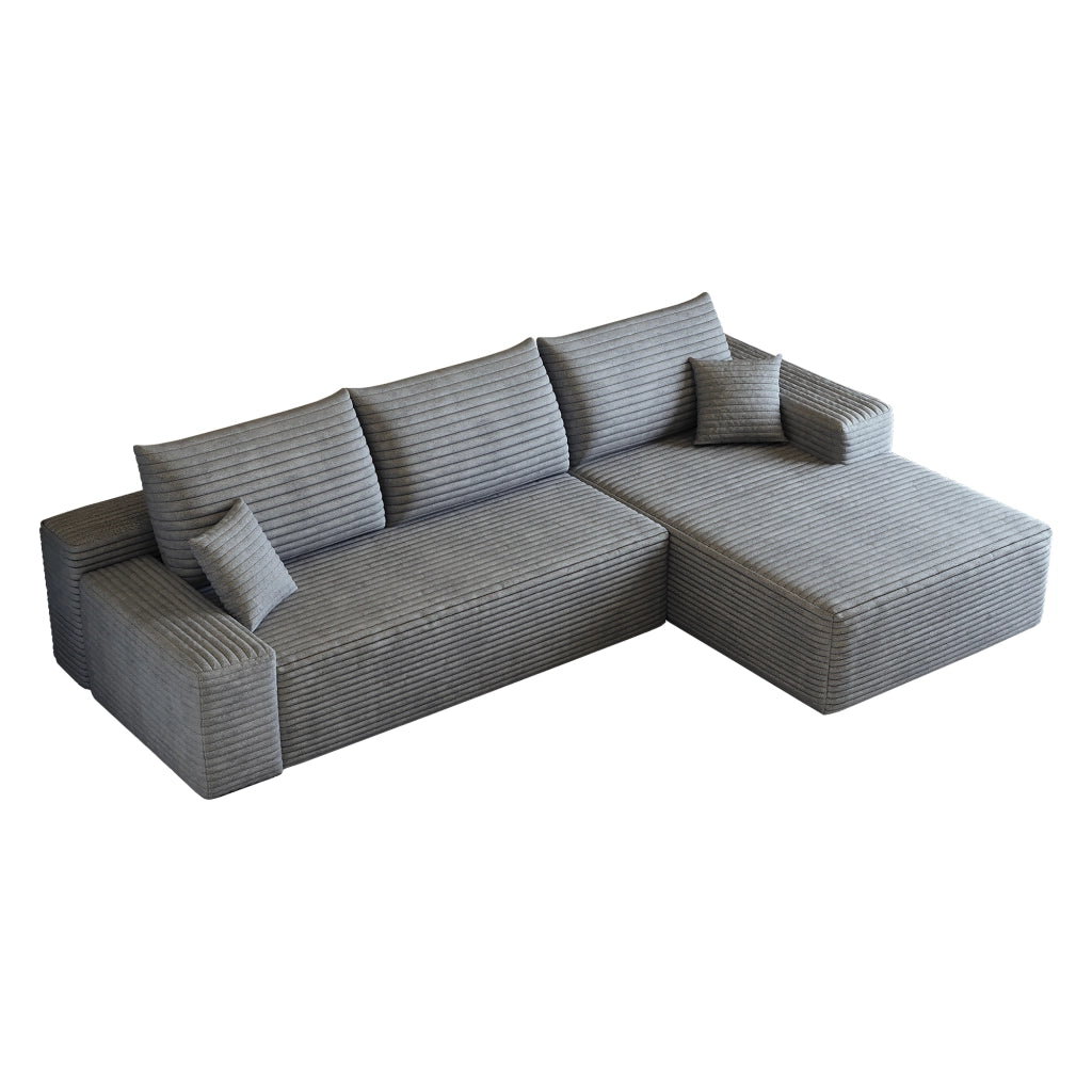 Divano angolare modulare con chaise longue e seduta profonda, senza montaggio, in tessuto a coste grigio