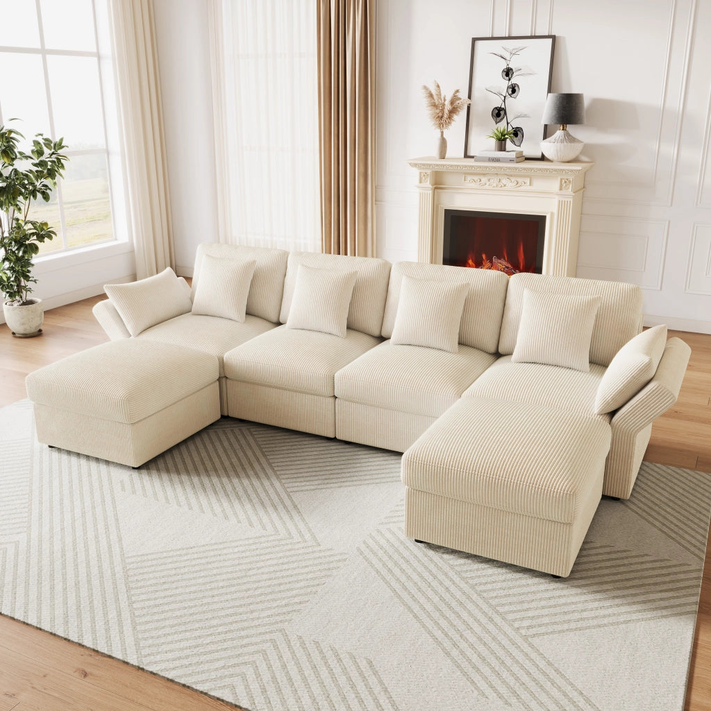 Divano modulare 4–6 posti con braccioli regolabili e 2 pouf mobili in velluto a coste beige 290 × 159,5 × 89 cm