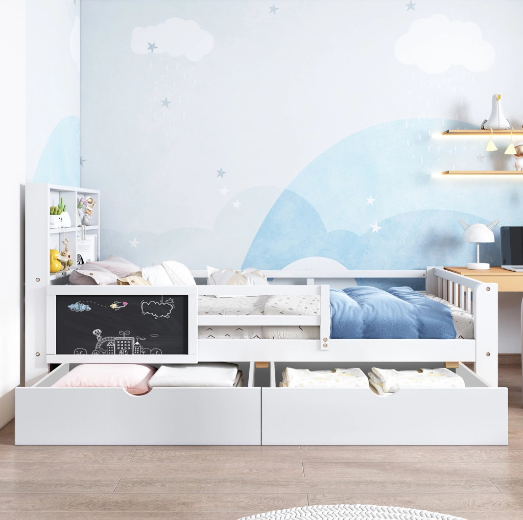 Letto bambini multifunzione in legno bianco 90x200 cm con cassetti e lavagna, senza materasso