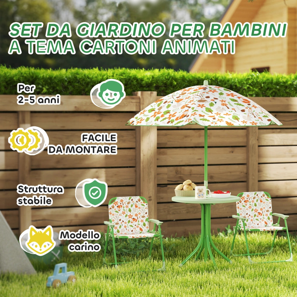 Set da Giardino per Bambini 2-5 Anni con Tavolino Rotondo, 2 Sedie Pieghevoli e un Ombrellone, Verde
