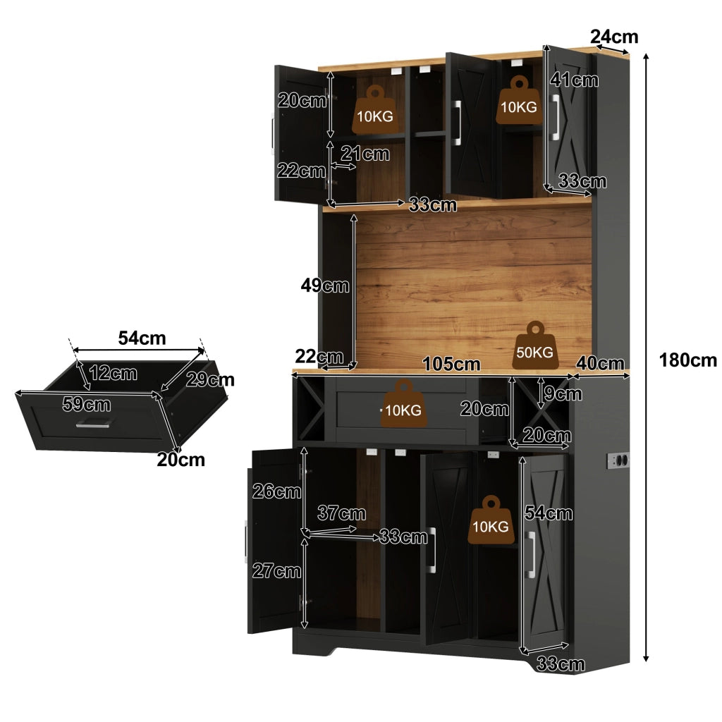 Credenza da cucina con LED RGB; vano aperto; cassetto; portabottiglie estraibili; prese e porte scorrevoli 105 × 40 × 180 cm