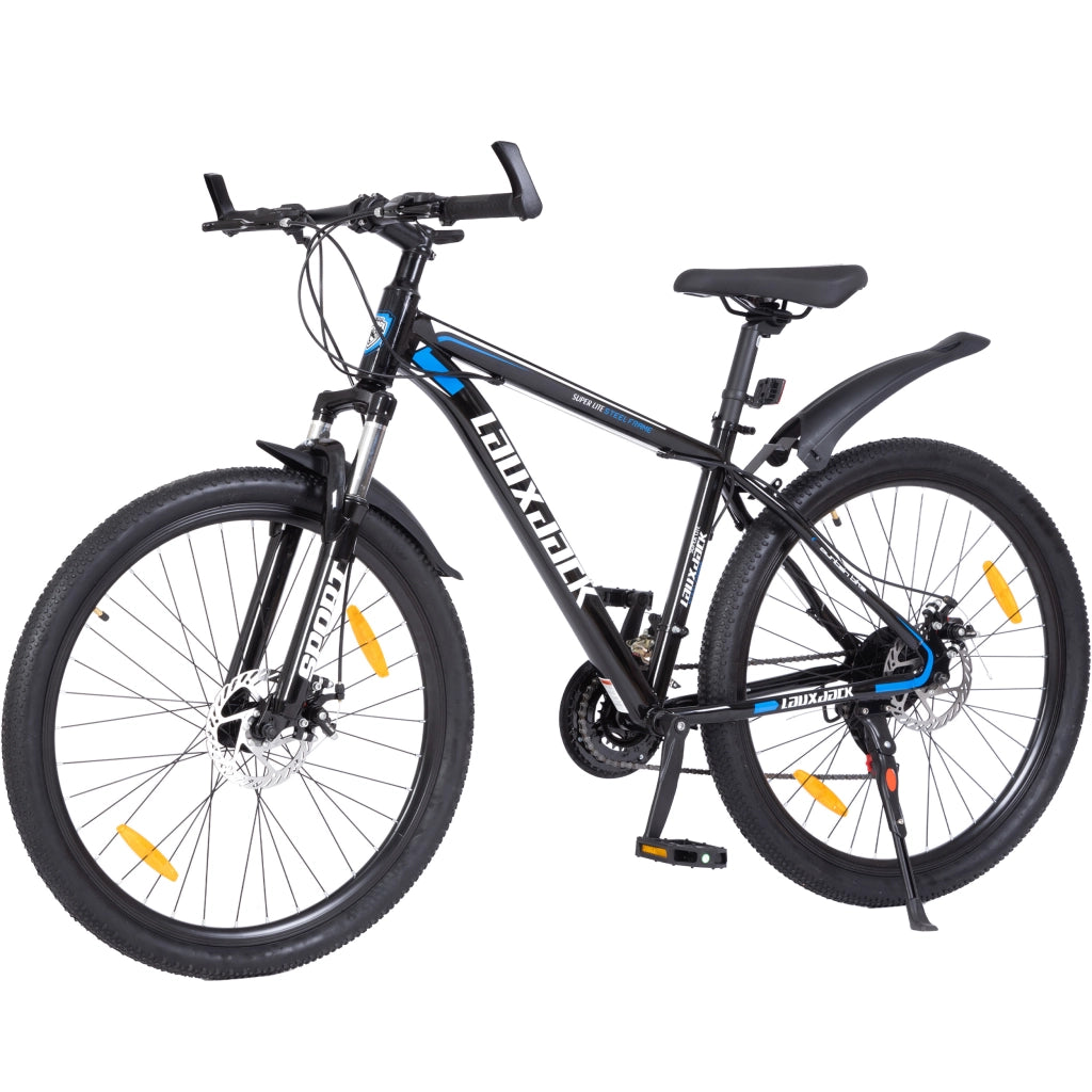 Mountain bike a 21 velocità con forcella ammortizzata e manubrio antiscivolo in ferro blu per adolescenti e adulti