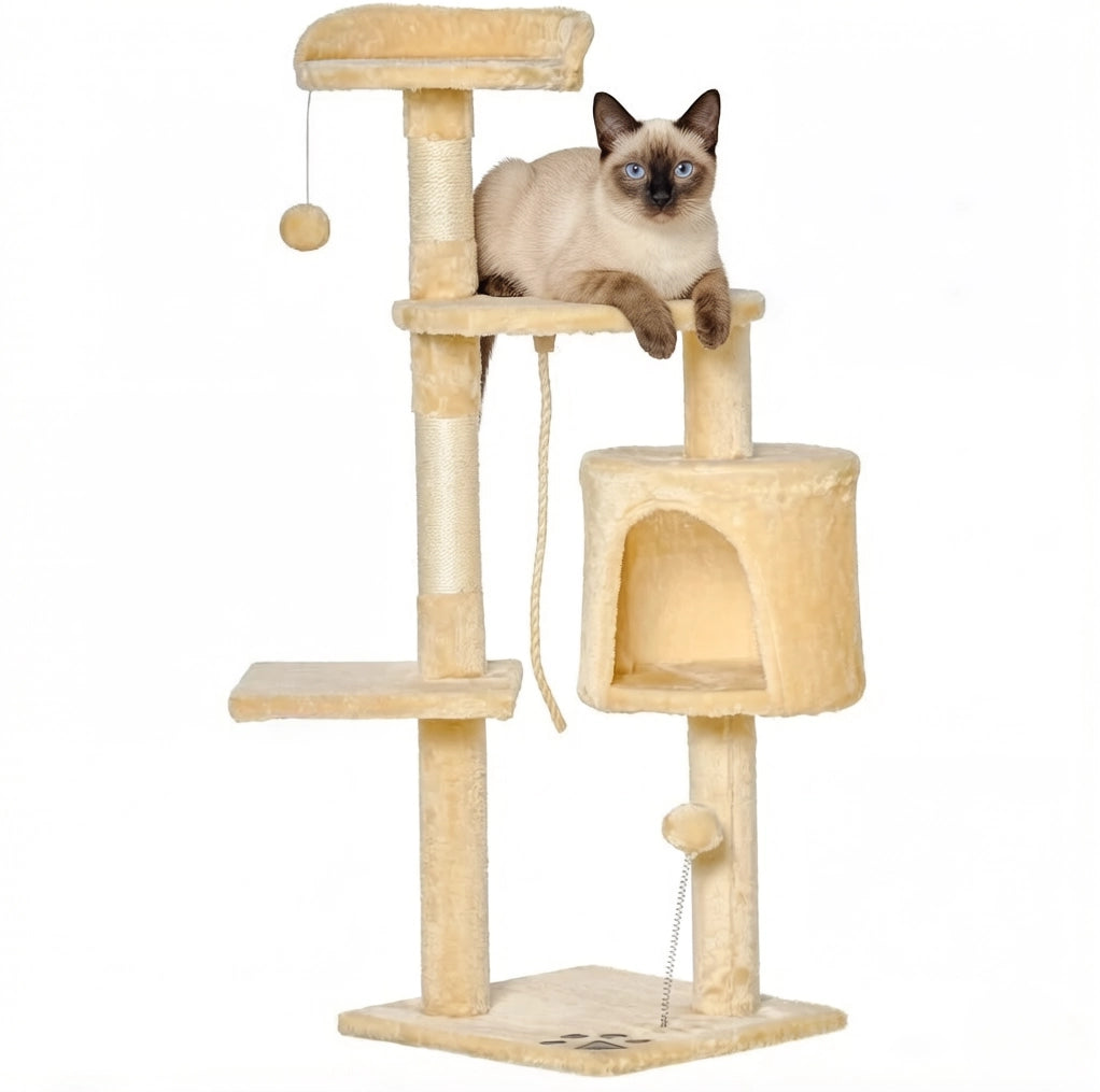 Albero tiragraffi beige a 4 livelli con cuccia e amaca