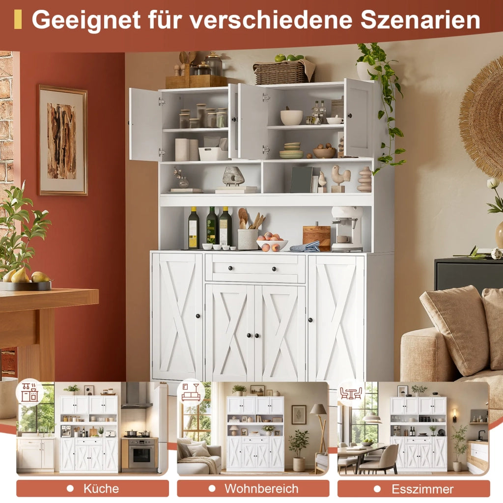 Credenza da cucina stile country, cremobianco, 140x40x185 cm, con piano di lavoro e presa elettrica. Grande armadio con cassetto, ripiani regolabili e vani porta
