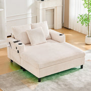 Poltrona chaise longue 142x128x85 cm con LED; USB e portabevande in velluto a coste beige