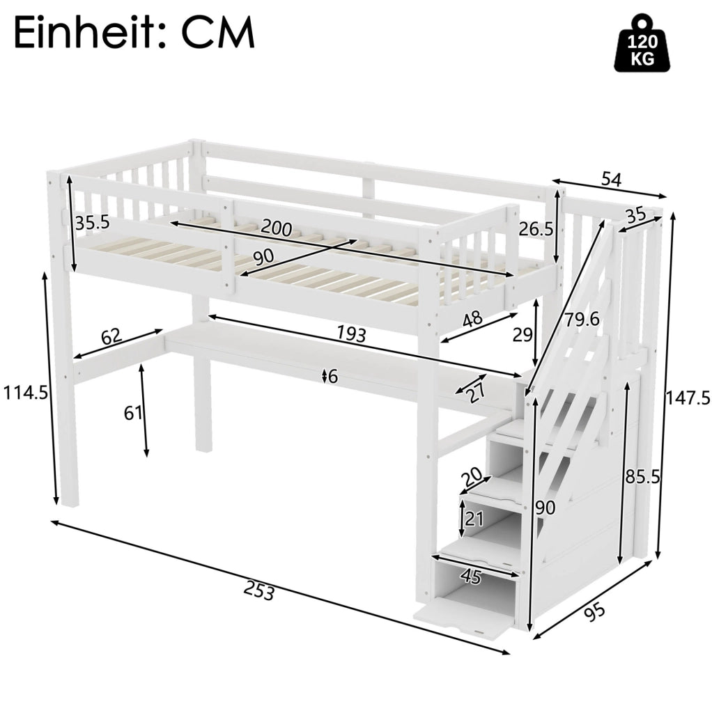 Letto a soppalco 90x200 cm in legno e MDF bianco con scrivania per bambini