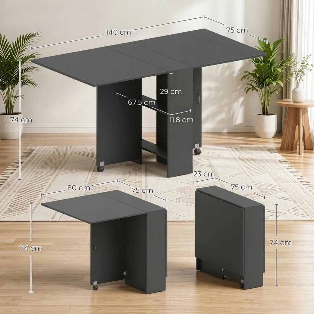 Tavolo da pranzo pieghevole allungabile con ruote e piano estensibile, colore nero