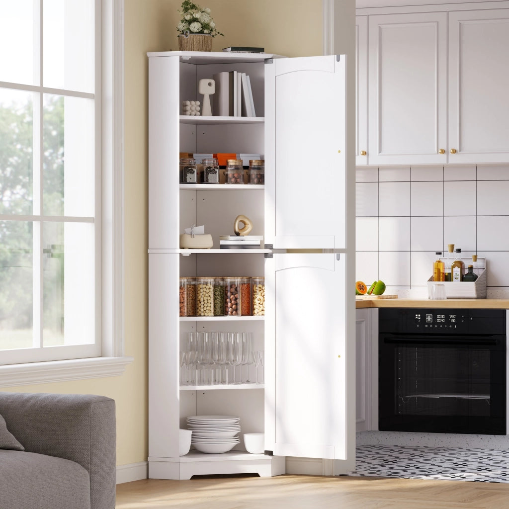 Armadio angolare con ripiani regolabili e 2 ante ad arco in MDF bianco per cucina e soggiorno 42 × 42 × 166 cm