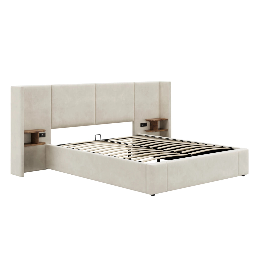 Letto contenitore 160x200 cm in velluto beige con 2 comodini; USB-A/USB-C e prese