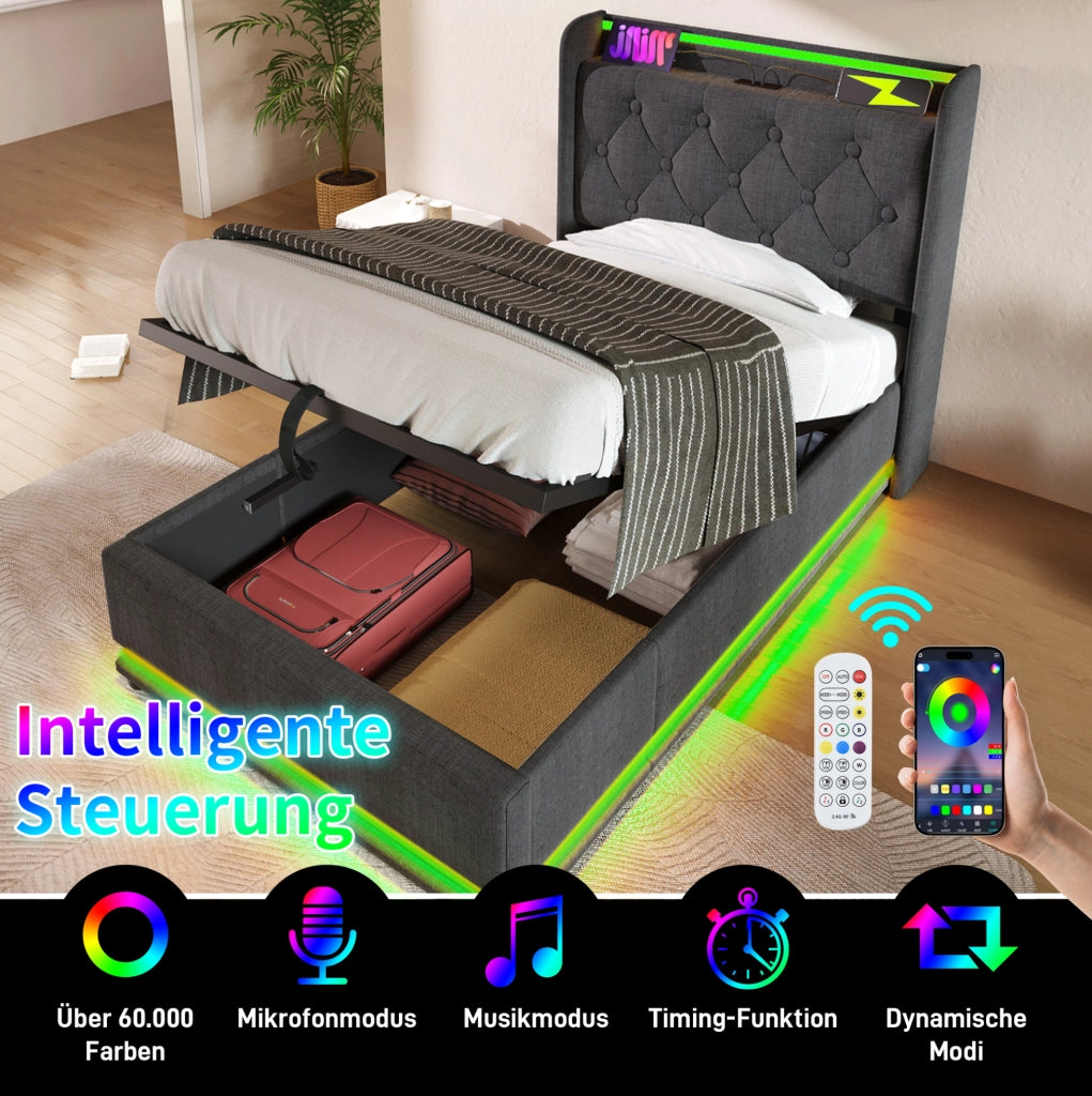 Letto singolo 90x200 cm con contenitore; LED 360°; USB-C e testiera in lino grigio
