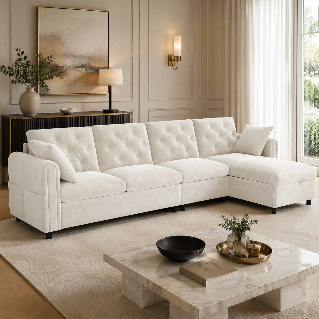 Divano letto modulare angolare con contenitore in poliestere beige configurabile a sinistra o destra 281 × 132 × 86 cm