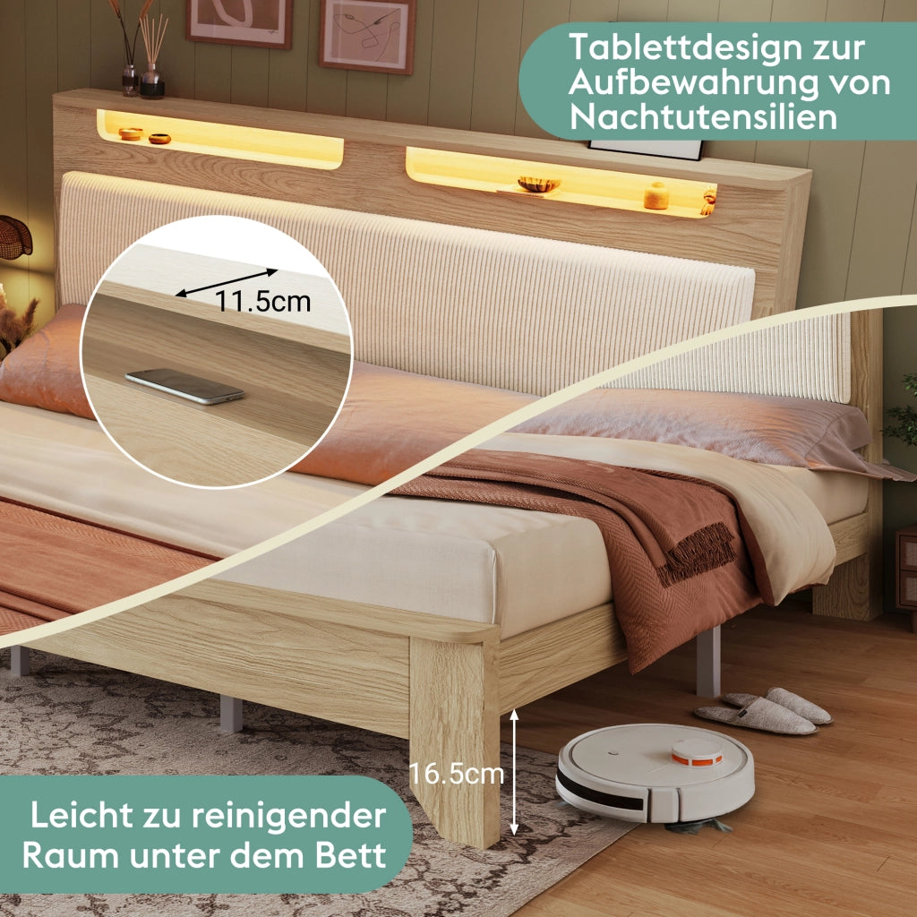 letto in legno e corduroy beige 140 x 200 cm