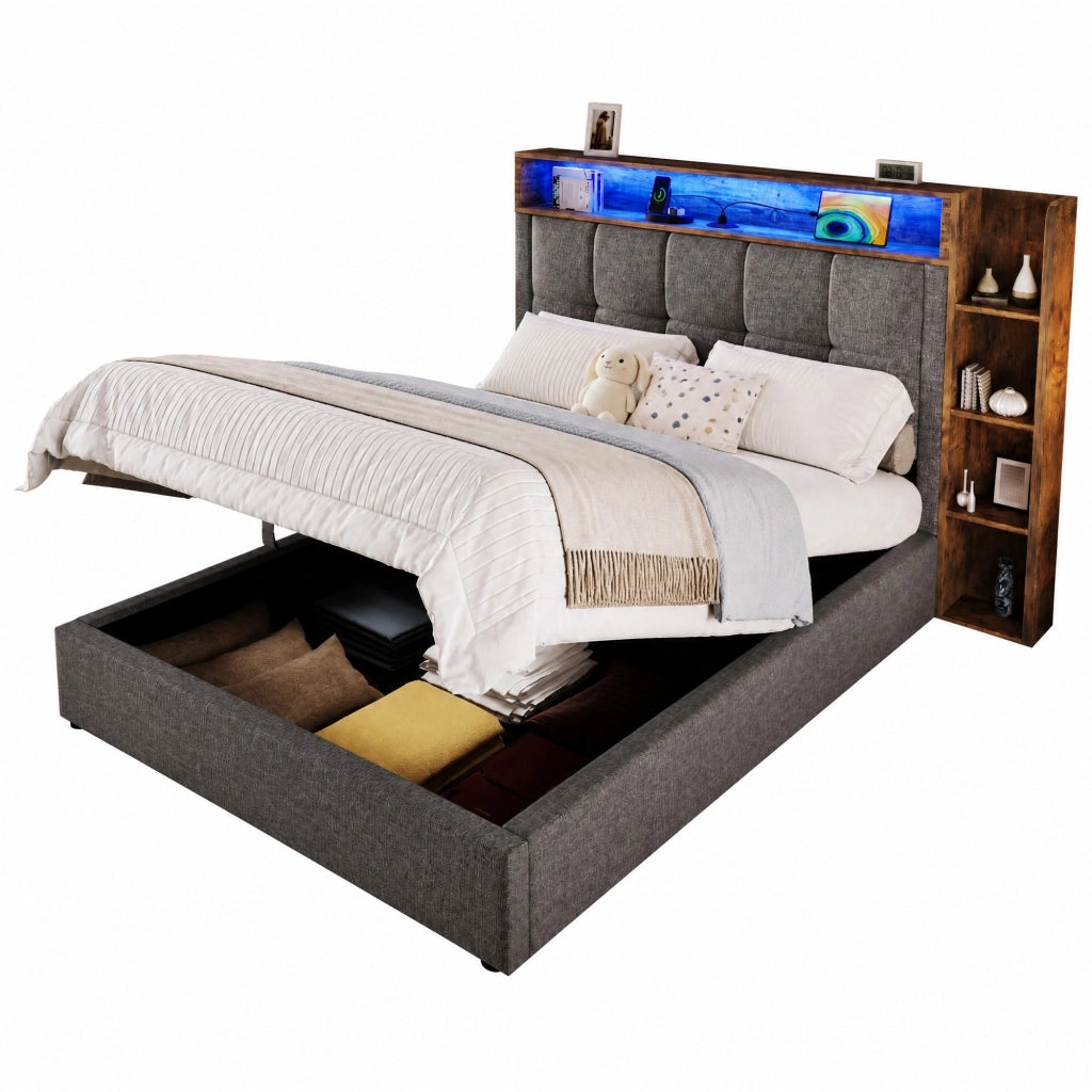 Letto imbottito 90x200 cm con contenitore idraulico, LED, USB e USB-C in lino grigio