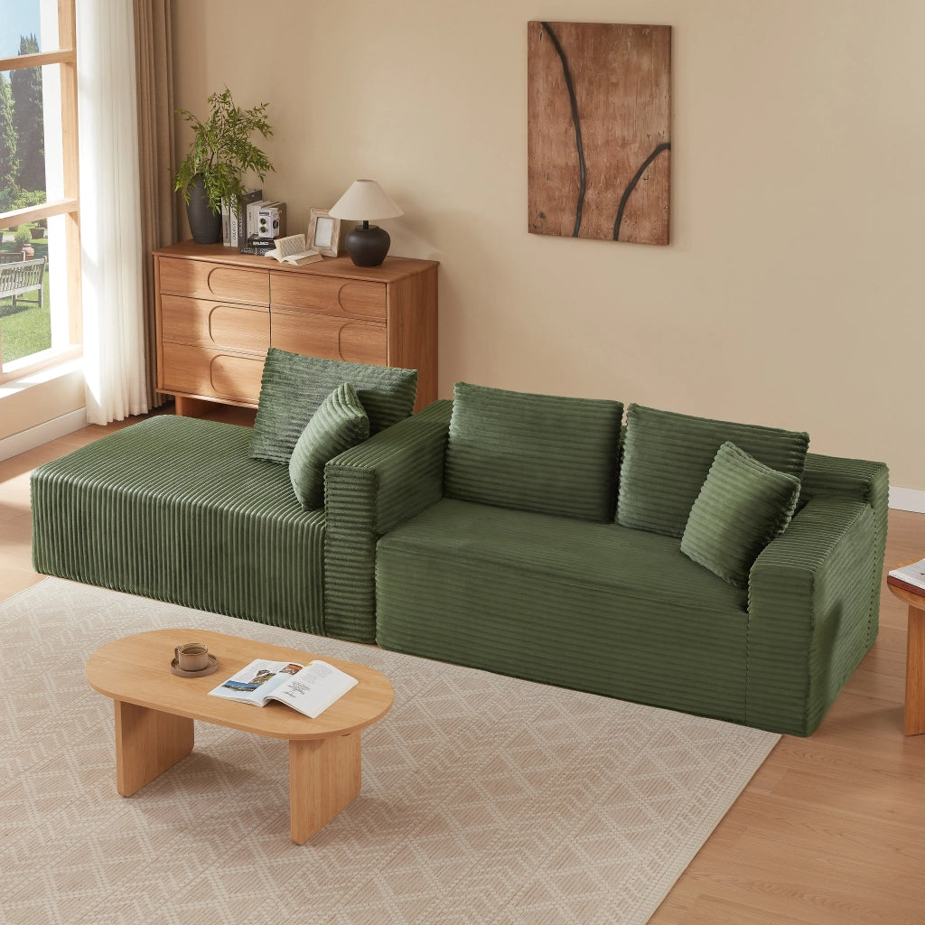 Divano modulare con chaise longue e cuscini rimovibili, in tessuto verde