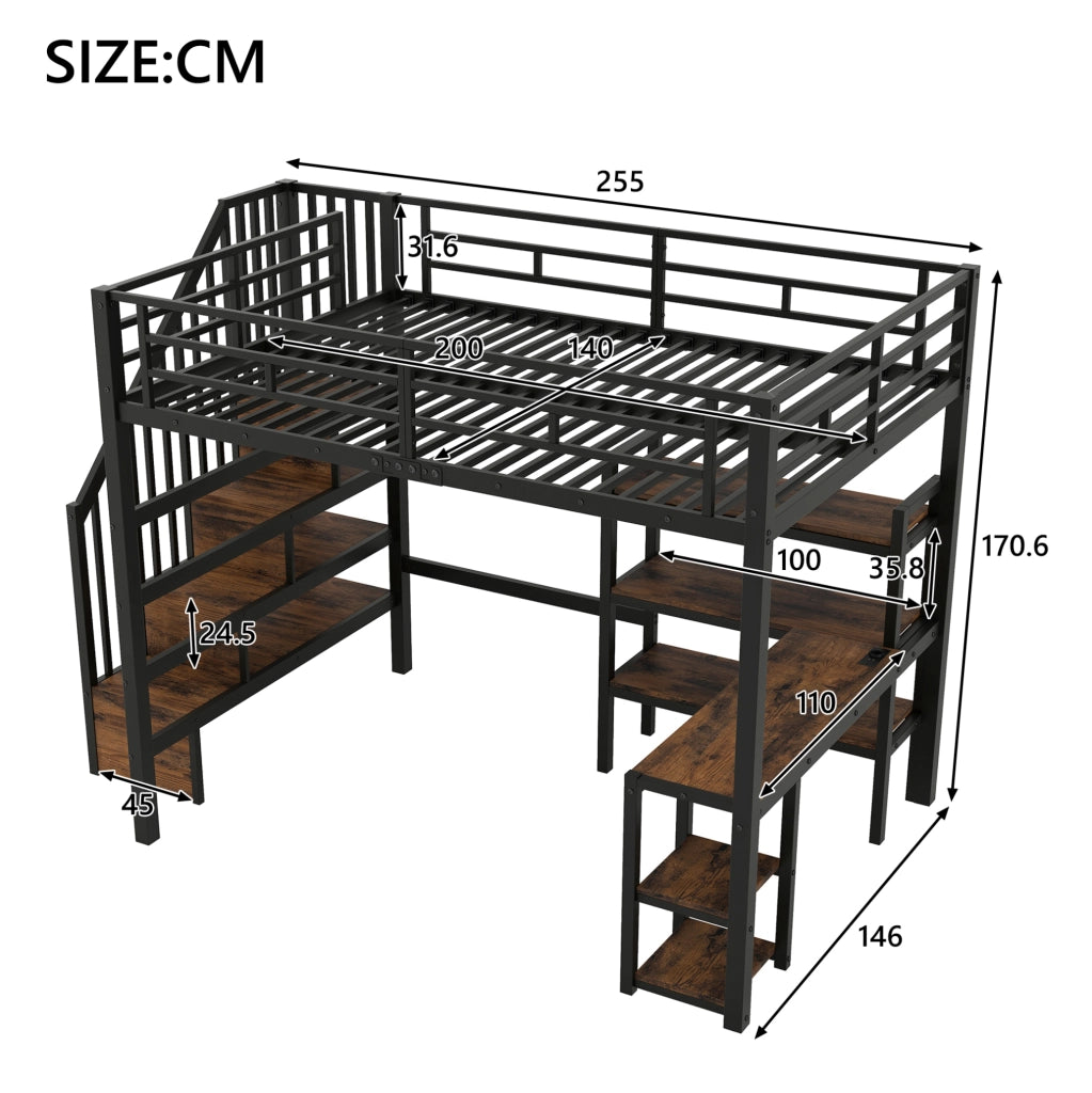 Letto a soppalco 140x200 cm con scrivania; scala contenitore; ripiano LED e stazione di ricarica nero