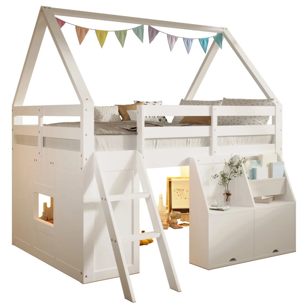 LETTO A SOPPALCO a Casetta 140x200 cm Bianco con Scala, LED e Contenitori